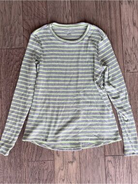 American Eagle Gray and Lime Striped Ribbed Long Sleeve Top